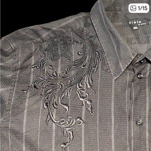 Black Embroidered 90s Jacquard Stripe Button Down Shirt Men’s 3XL Gothic Baroque